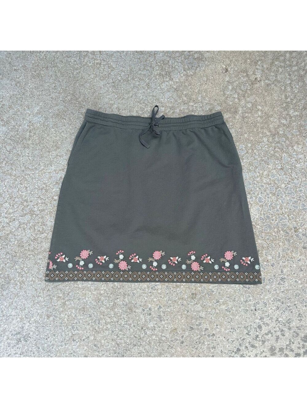 J Jill Womens L Olive Green Floral Embroidered Knit Pull On Skirt Cotton Blend
